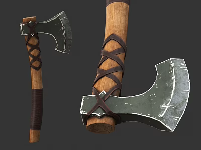 Handcrafted Medieval Axe With Wooden Handle Leather Straps And Sharp Metal Blade 3d model