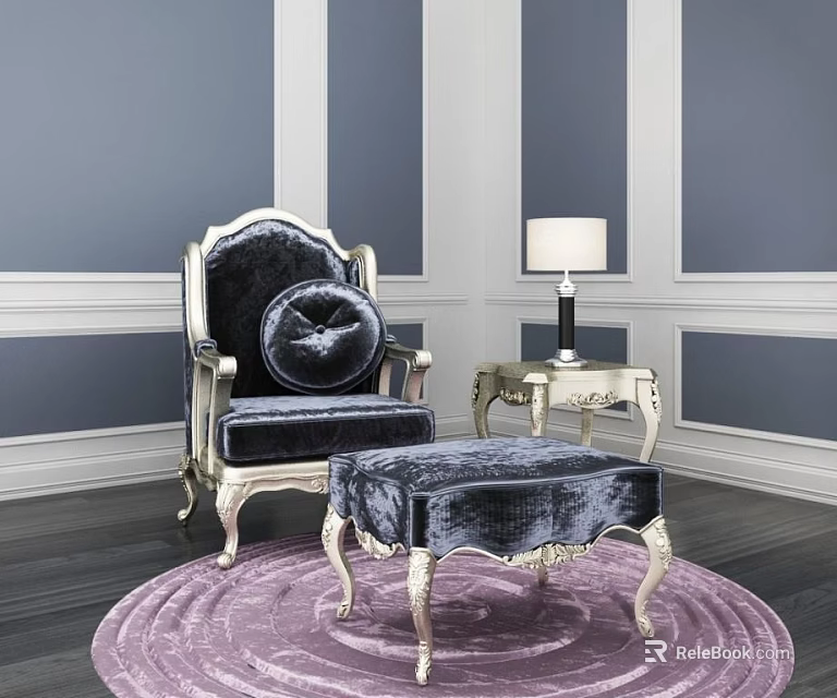 Deep Blue Armchair With Silver Frame Ottoman And Table Lamp On Purple Rug 3d model 