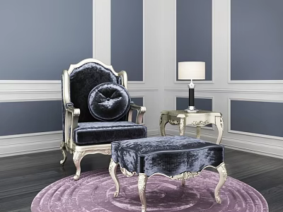 Deep Blue Armchair With Silver Frame Ottoman And Table Lamp On Purple Rug 3d model
