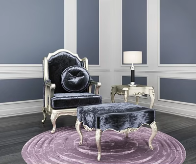 Deep Blue Armchair With Silver Frame Ottoman And Table Lamp On Purple Rug 3d model