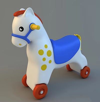 Building Blocks Rocking Horse Toy With White Body Yellow Dots Blue Saddle Red Wheels 3d model