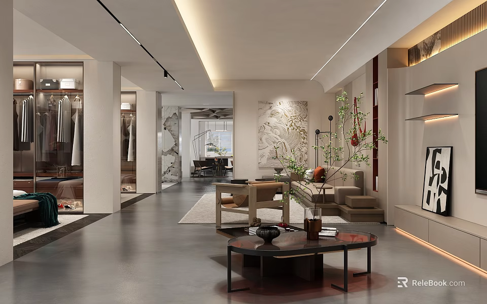 Modern Living Dining Room Interior Design With Sofa Coffee Table Decorative Painting And Plants 3d model 