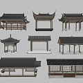 Traditional Chinese Pavilion Structures With Wooden Roof And Architectural Elements