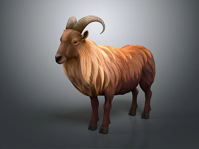 The Brown Goat with Curved Horns and Long Hair Standing Against Gray Background 3d model
