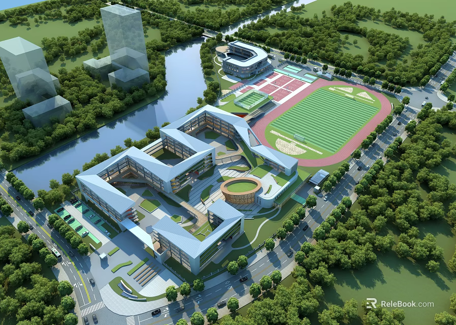 Modern School Campus Architecture With Classroom Buildings Stadium Playground And Green Vegetation 3d model 