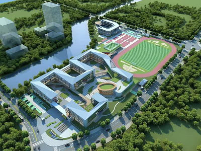 Modern School Campus Architecture With Classroom Buildings Stadium Playground And Green Vegetation 3d model