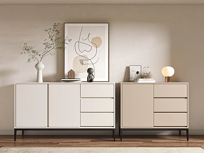 Modern Light Colored Entryway Cabinet and Side Cabinet With Plants Lamp and Decorations 3d model