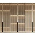 Modern Wooden Wardrobe Design With Vertical Slats And Built In Lighting