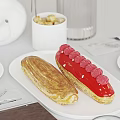 Delicious Raspberry Eclair And Striped Pastry With Coffee And Sugar Cubes On Table