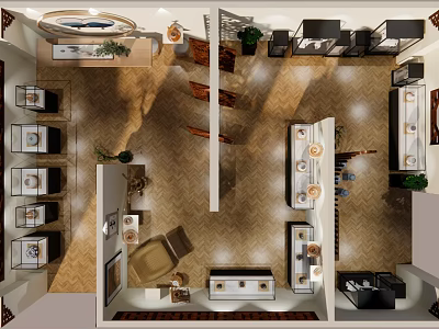 Interior Space Layout With Display Shelves Furniture Decorative Plants And Floor Design 3d model
