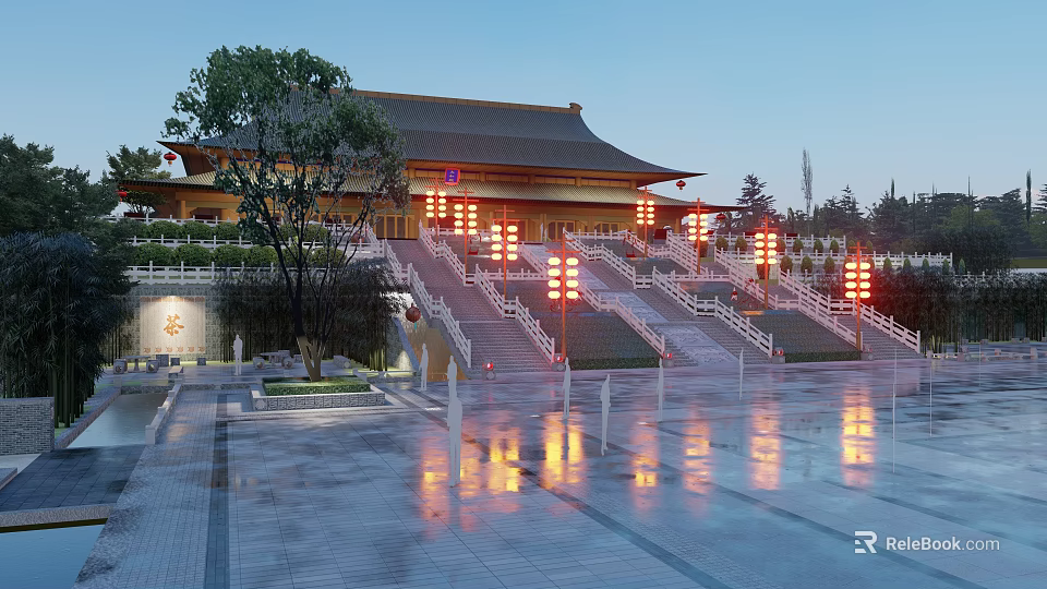 Ancient Architecture Courtyard With Stone Steps Red Lanterns And Water Reflections At Twilight 3d model 