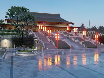 Ancient Architecture Courtyard With Stone Steps Red Lanterns And Water Reflections At Twilight 3d model