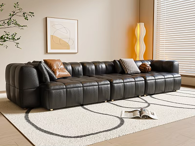 Black Leather Sectional Sofa In Living Room With Throw Pillows Area Rug Wall Art And Floor Lamp 3d model