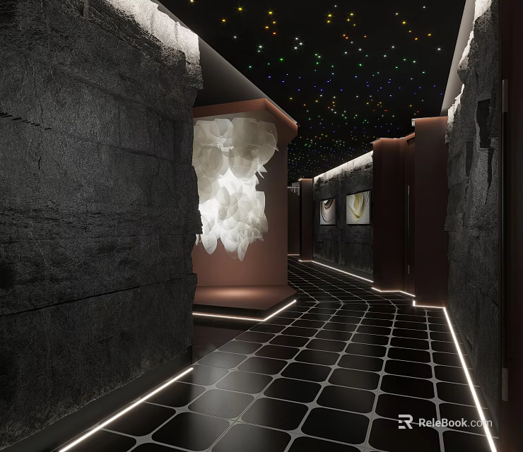 Luxurious Hotel Corridor With Black Tiled Floor Starry Ceiling LED Lighting And Art Installation 3d model 