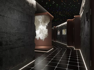 Luxurious Hotel Corridor With Black Tiled Floor Starry Ceiling LED Lighting And Art Installation 3d model