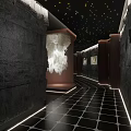 Luxurious Hotel Corridor With Black Tiled Floor Starry Ceiling LED Lighting And Art Installation