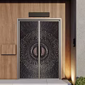 Textured Metal Front Entrance Door With Circular Design Green Plants And House Number