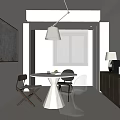 Modern Restaurant Interior With White Round Dining Table Wooden Cabinet And Hanging Lamp