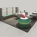 Modern Exhibition Display Shelves With Concrete Counter And Green Bench