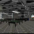 Modern Billiard Room Interior Design With Pool Tables Hanging Lights And TV Screens