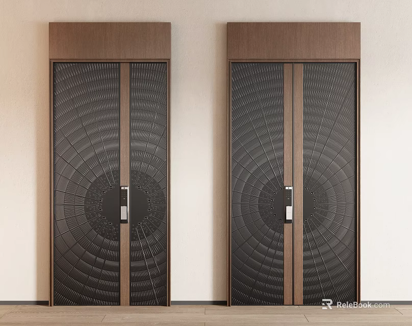 Elegant Modern Interior Symmetrical Double Doors With Wooden Frame Black Panels Circular Radial Pattern 3d model 