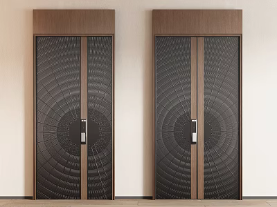 Elegant Modern Interior Symmetrical Double Doors With Wooden Frame Black Panels Circular Radial Pattern 3d model