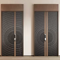 Elegant Modern Interior Symmetrical Double Doors With Wooden Frame Black Panels Circular Radial Pattern