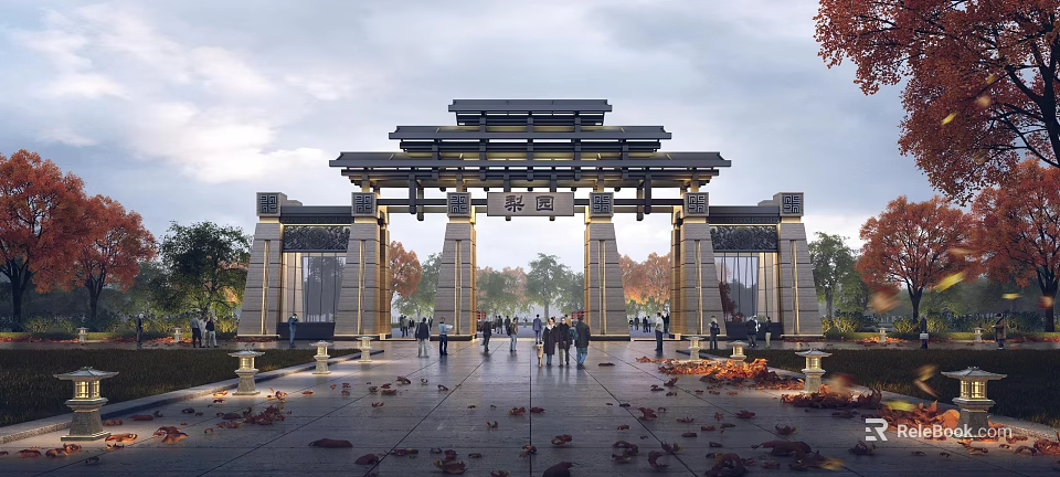 Traditional Chinese Entrance Gate With Multi Tiered Roof And Ornate Pillars Surrounded By Autumn Trees 3d model 