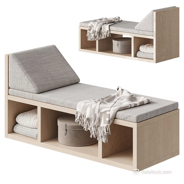 Two Seater Sofa with Wooden Frame Gray Cushion Storage Compartments Draped Striped Blanket and Box 3d model 