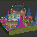 Cartoon Scene With Red House Green Roof Greenhouse Shed And Trees On Green Grass