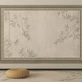 Light Colored Square Rug With Bamboo Branch Pattern And Decorative Border With Woven Round Cushion