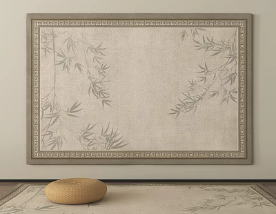 Light Colored Square Rug With Bamboo Branch Pattern And Decorative Border With Woven Round Cushion 3d model