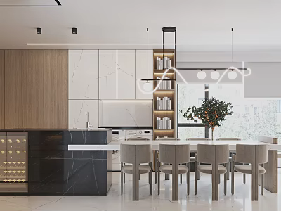 Modern Restaurant Featuring Open Layout Dining Table Chairs Pendant Lights Marble Countertop And Green Plants 3d model