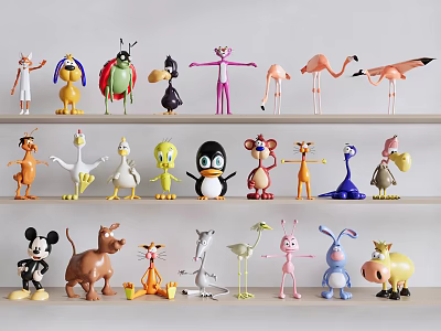 Colorful Cartoon Figurines Collection Featuring Various Animal Characters On Shelves 3d model