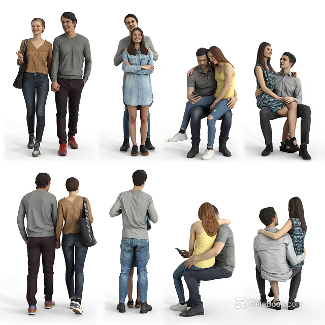 Group of People Standing and Sitting in Casual Outfits with Various Poses 3d model 