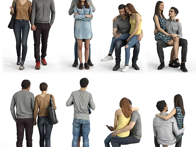 Group of People Standing and Sitting in Casual Outfits with Various Poses 3d model