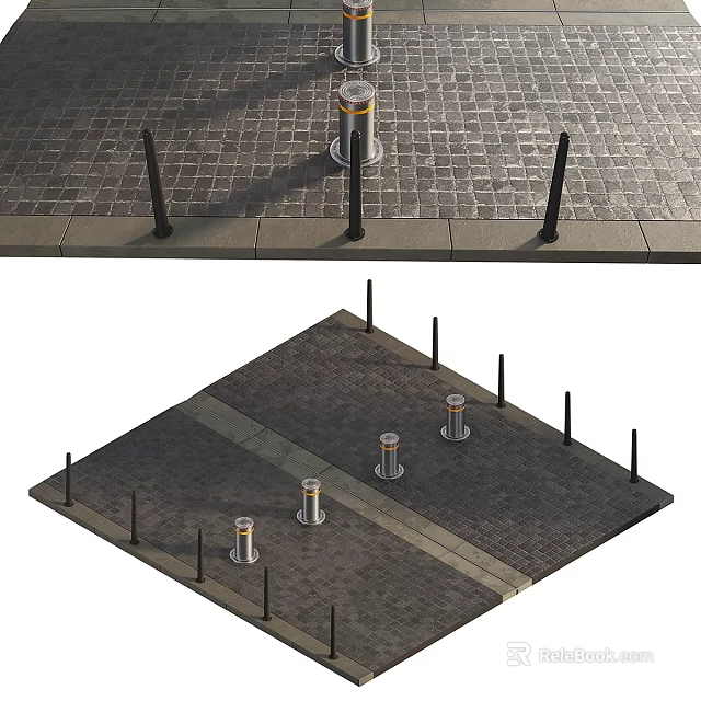 Outdoor Brick Paved Area With Black Posts Cylindrical Bollards And Central Path 3d model