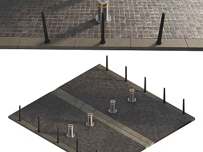Outdoor Brick Paved Area With Black Posts Cylindrical Bollards And Central Path 3d model