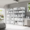 Garage Interior With Metal Storage Shelves Yellow Bins Tires And Tools