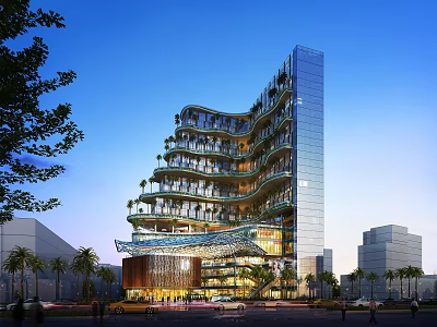 Modern High Rise Office Building With Greenery Covered Balconies And Glass Facade 3d model