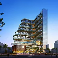 Modern High Rise Office Building With Greenery Covered Balconies And Glass Facade