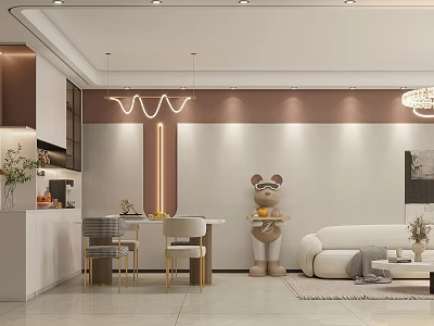 Modern Dining Living Room Open Layout With White Sofa Dining Table Chandeliers And Mickey Mouse Figure 3d model