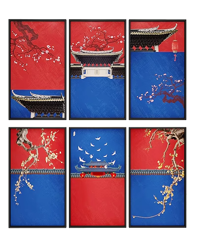Chinese Style Decorative Paintings With Ancient Architecture Eaves Plum Blossom Branches And Flying Birds 3d model