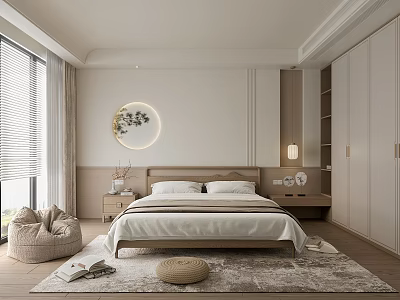 Minimalist Bedroom Interior Design With Bed Bedside Table Circular Wall Art Blinds And Wardrobe Rug 3d model