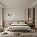 Minimalist Bedroom Interior Design With Bed Bedside Table Circular Wall Art Blinds And Wardrobe Rug