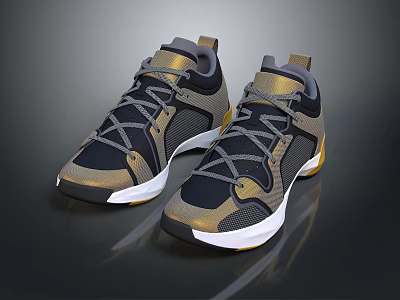Modern Black Gold Gray Athletic Sneakers With White Soles And Lace Up Design 3d model