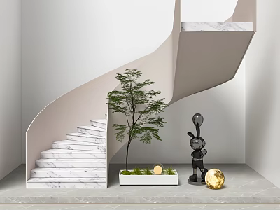 Modern Spiral Staircase With Marble Steps Green Plant And Decorative Sculpture 3d model