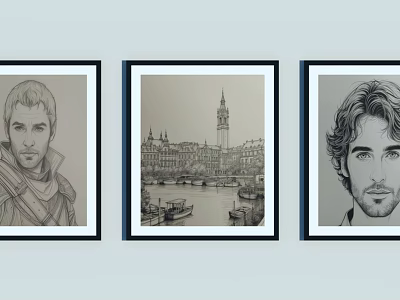 Two Pencil Sketch Portrait Drawings Displayed Framed With Cityscape Art On Wall 3d model