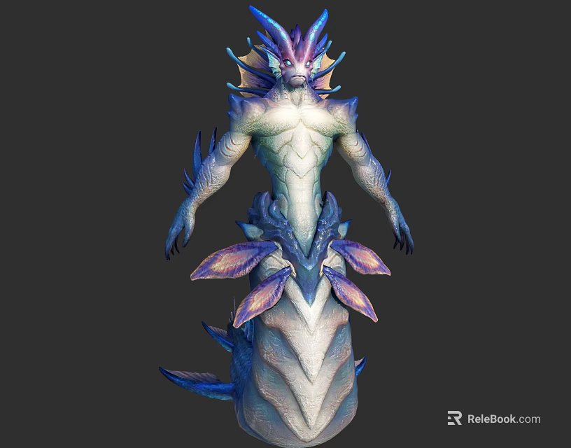 Mythical Humanoid Dragon Creature 3D Model With Blue Purple Horns Scales And Ornamental Features 3d model 
