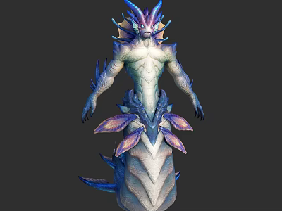 Mythical Humanoid Dragon Creature 3D Model With Blue Purple Horns Scales And Ornamental Features 3d model
